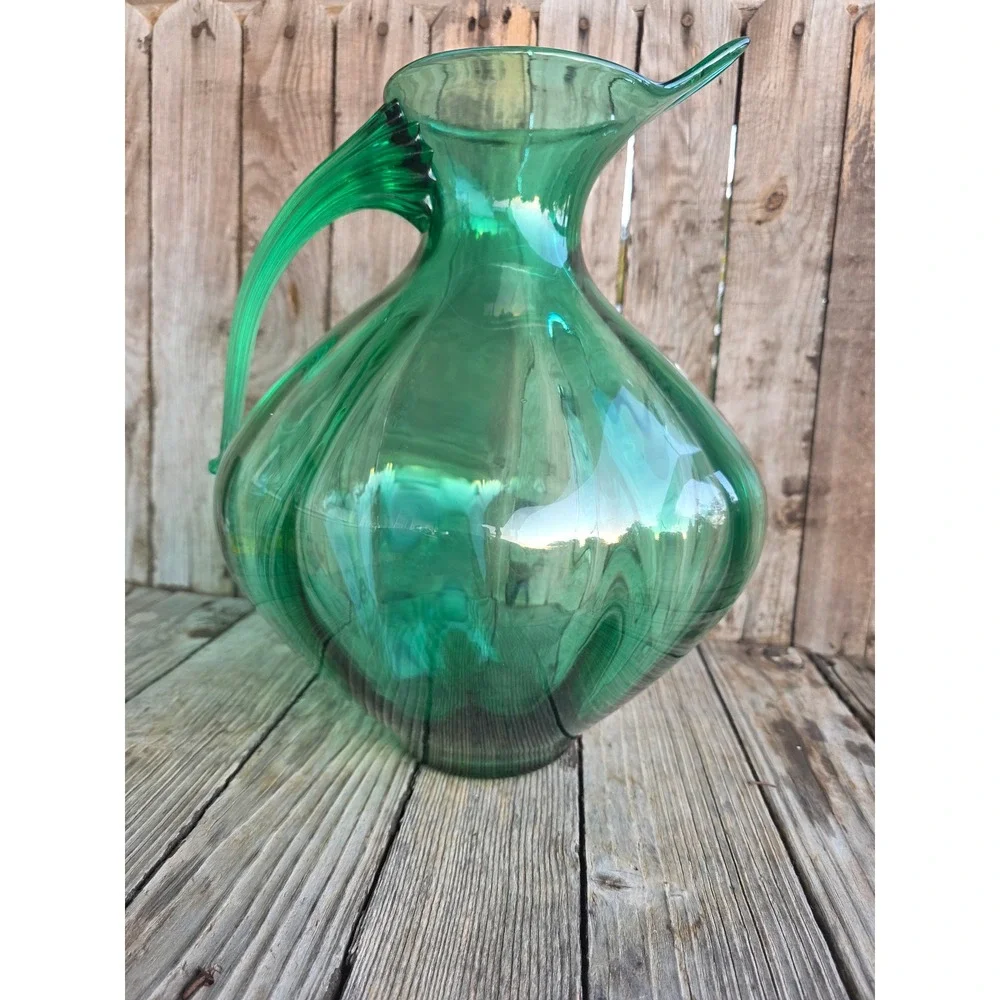 Vintage Emerald Green Hand Blown Glass Pitcher Optic Rib Mid Century Modern 15